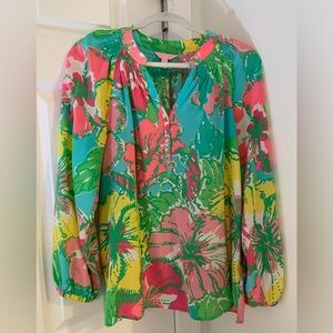 Lilly Pulitzer Elsa Vibrant Floral Silk Blouse in Pink, Green, & Yellow